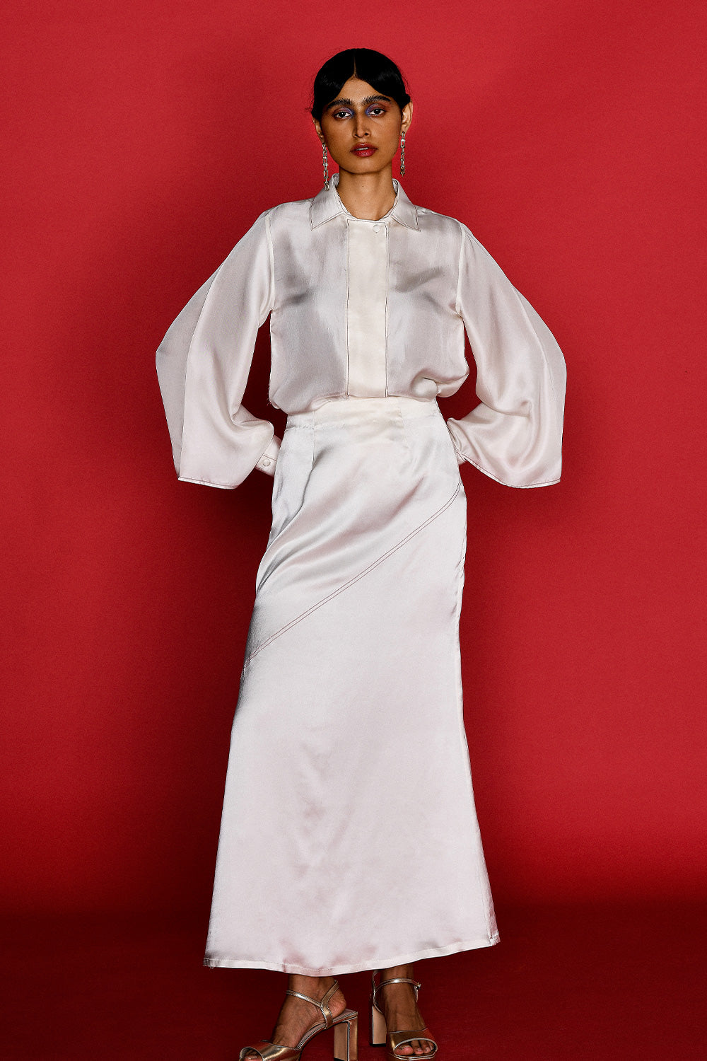 IVORY SILK SHIRT AND SKIRT SET
