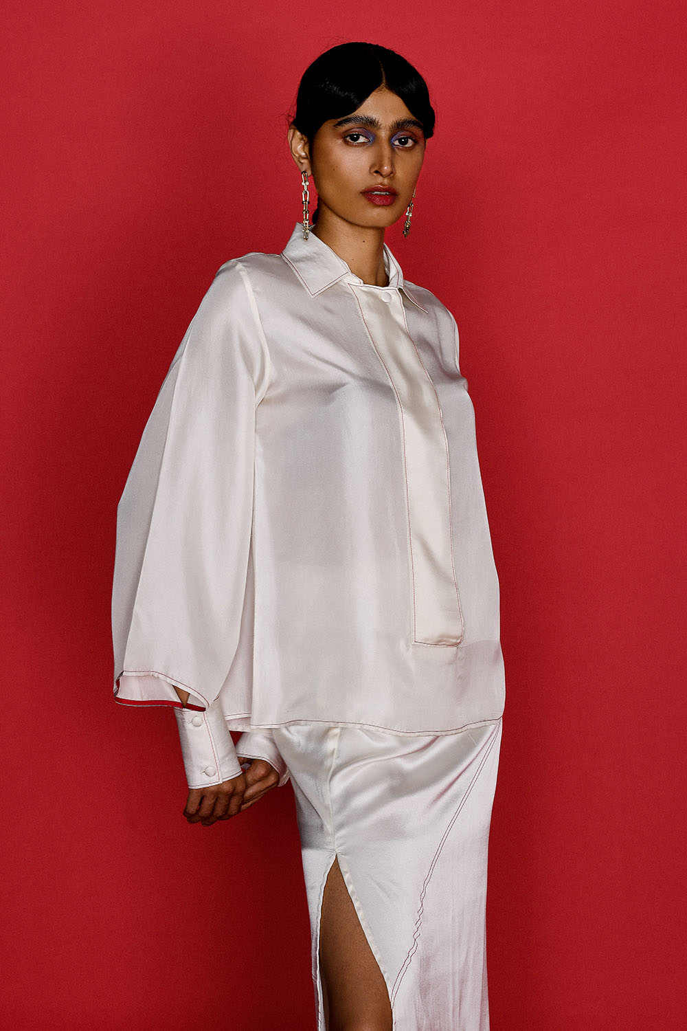 IVORY SILK SHIRT AND SKIRT SET