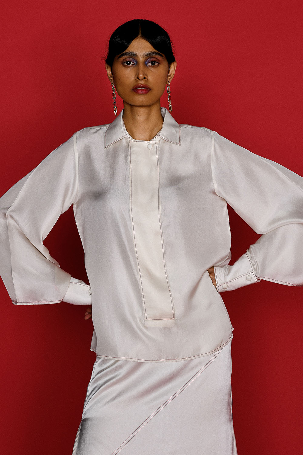 IVORY SILK SHIRT AND SKIRT SET