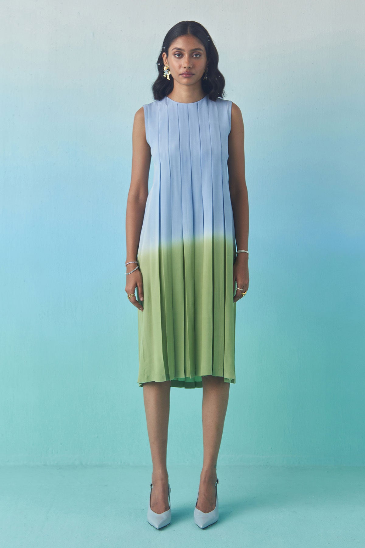 Sky & Grass Pleated Dress