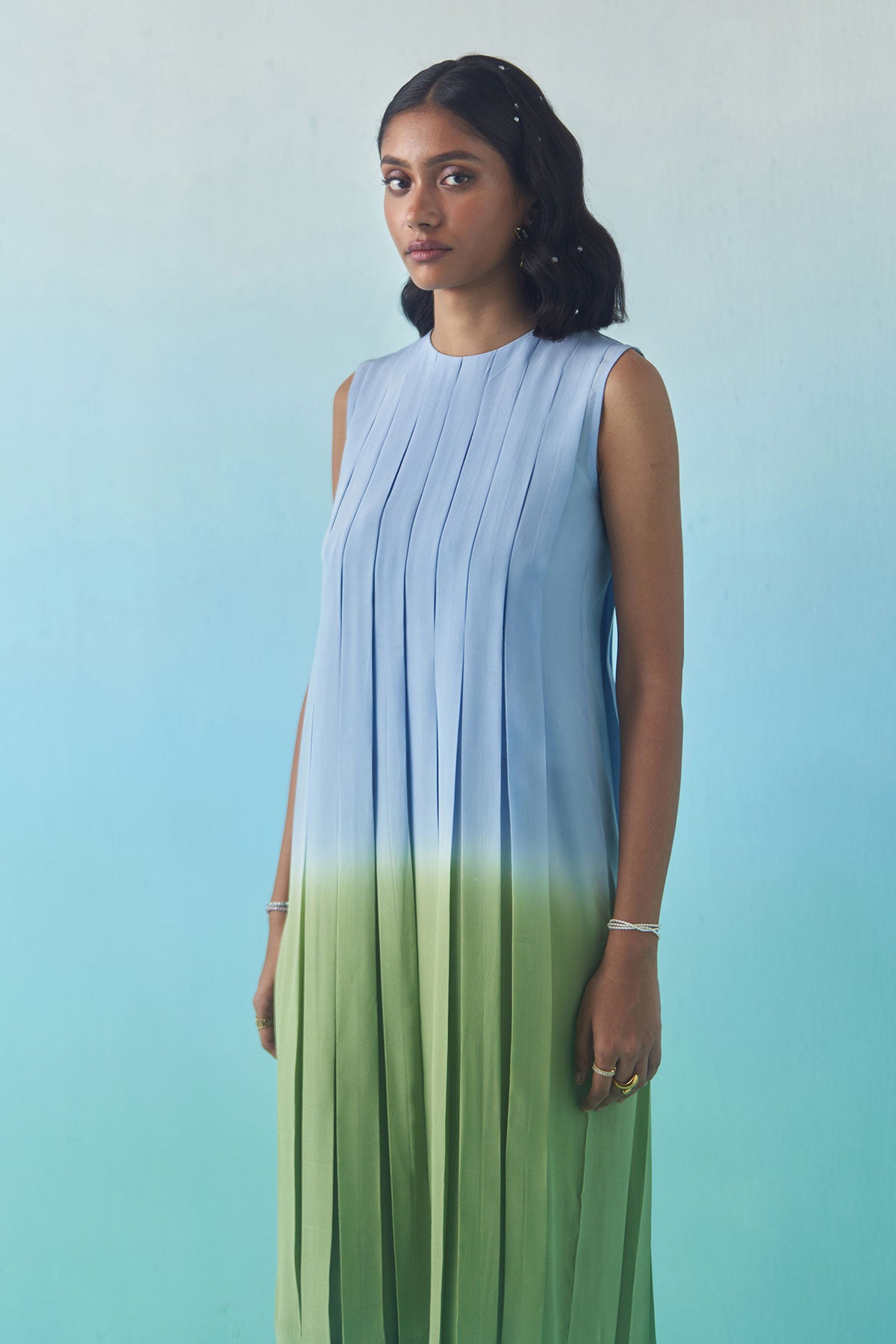 Sky & Grass Pleated Dress
