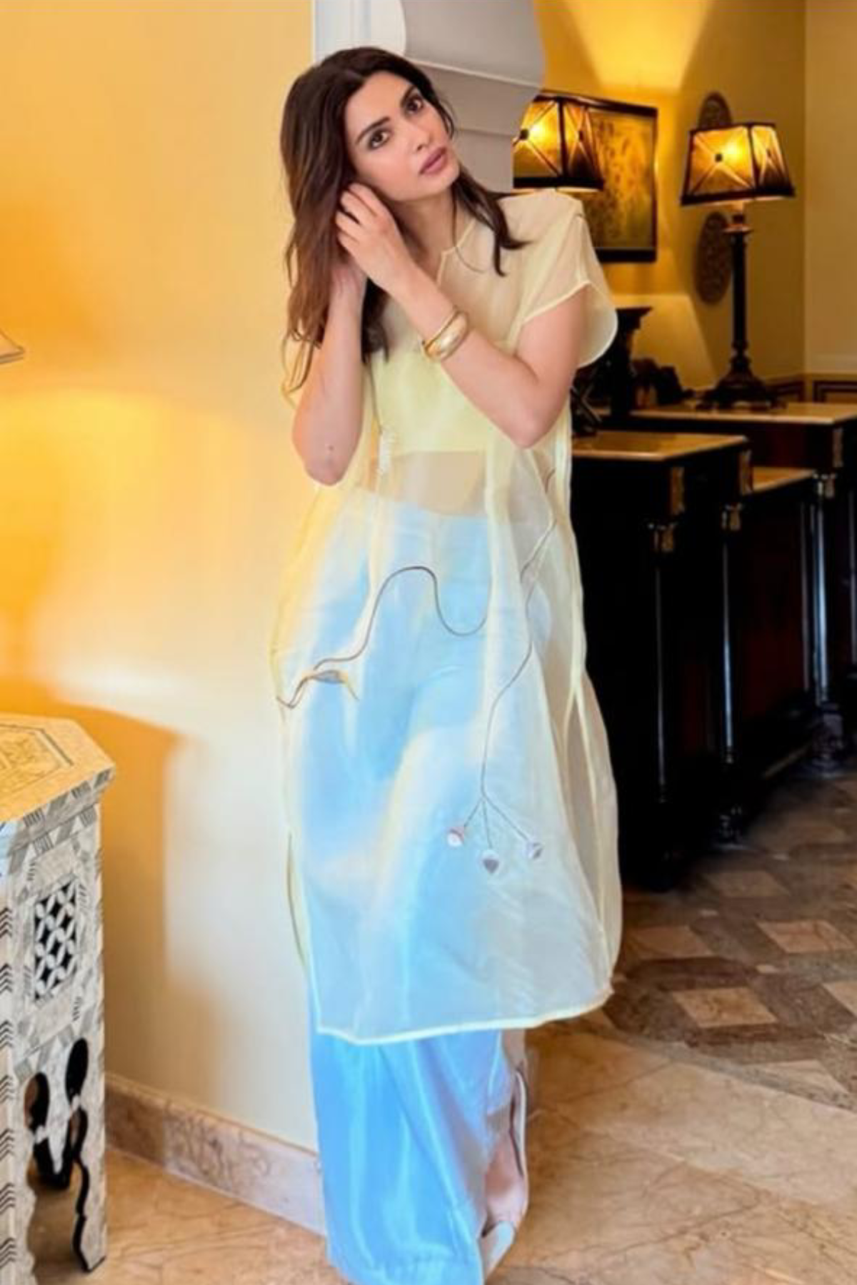 Silk Boot Cut Trousers - Sky