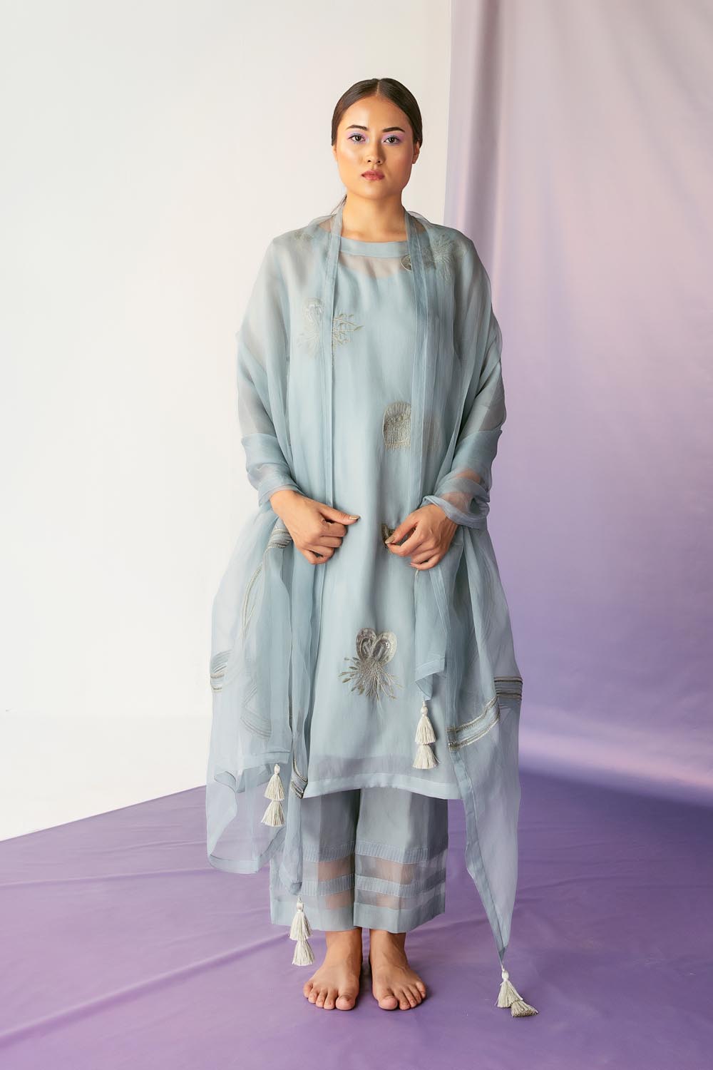 Smoke Blue Embellished Kurta Set