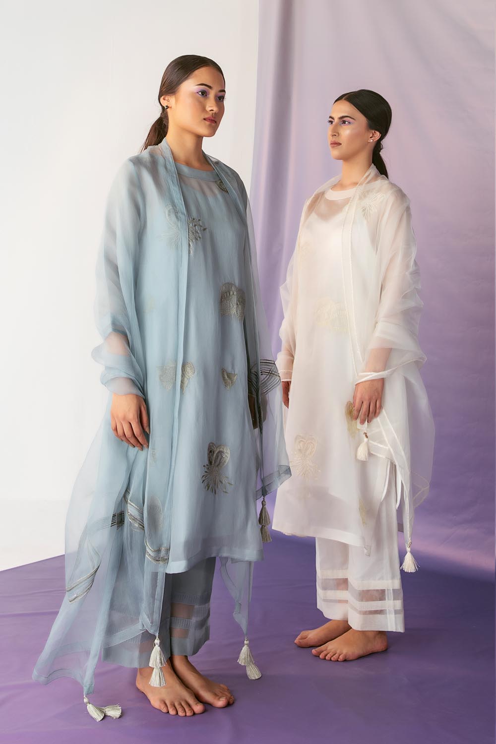 Smoke Blue Embellished Kurta Set