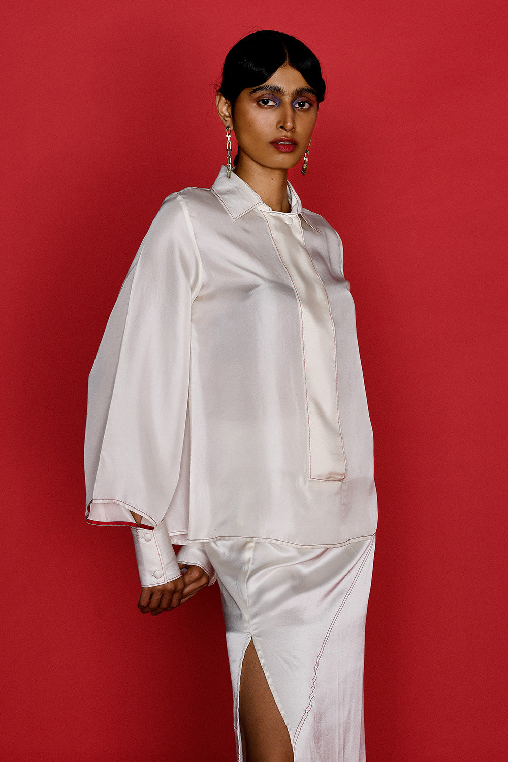 IVORY SILK SHIRT AND SKIRT SET