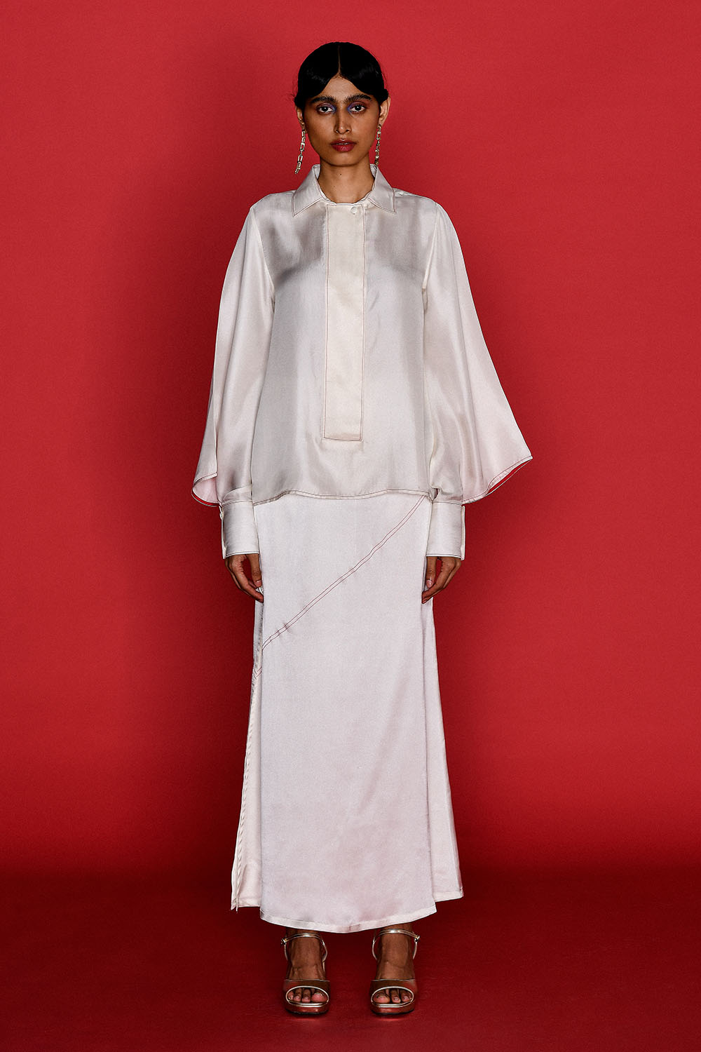 IVORY SILK SHIRT AND SKIRT SET