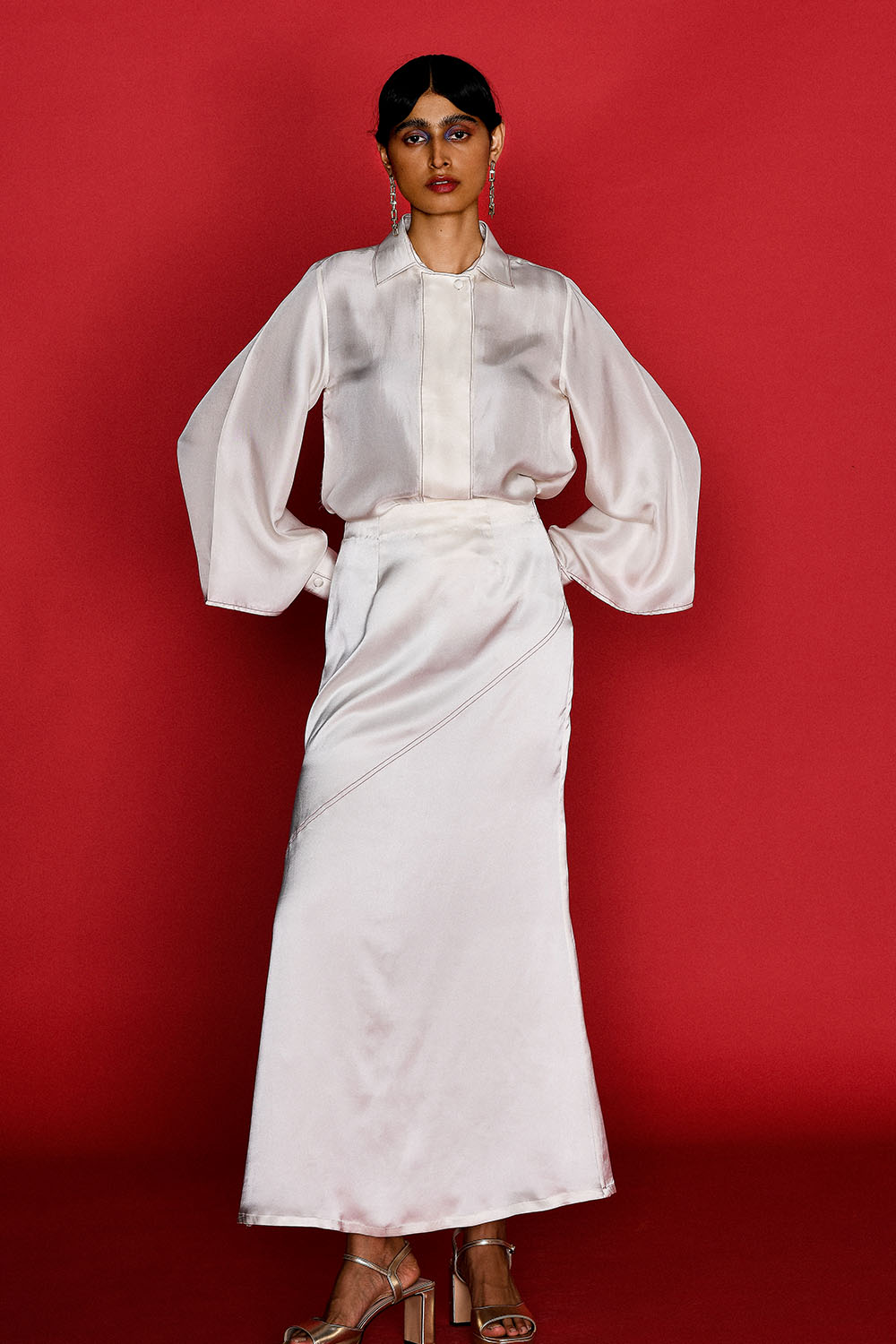 IVORY SILK SHIRT AND SKIRT SET