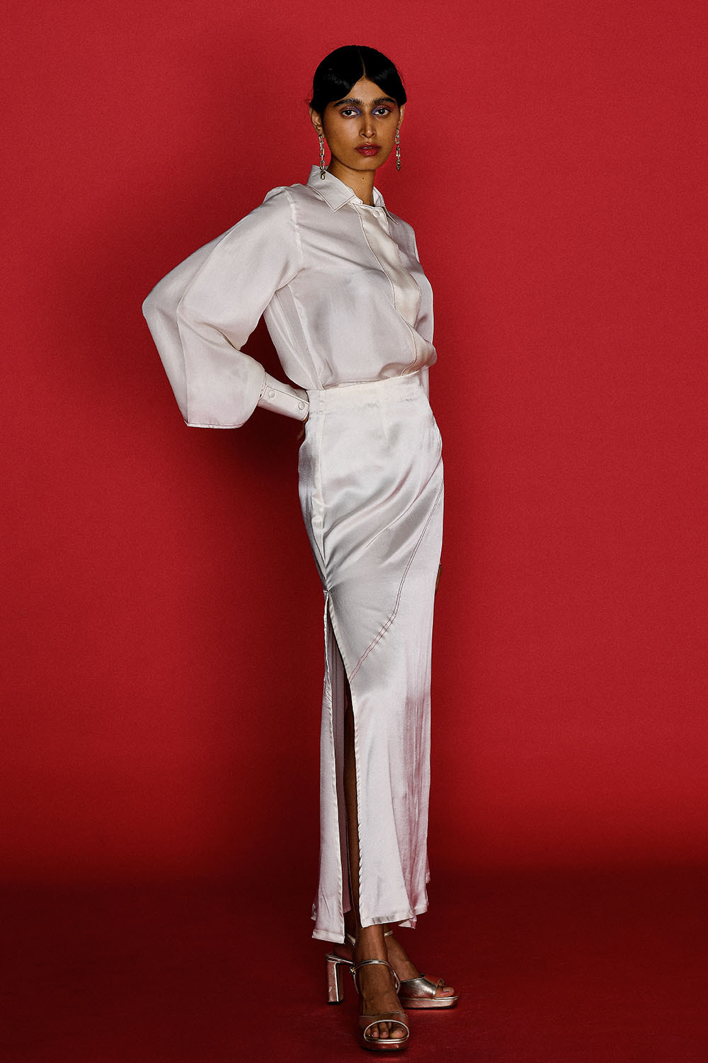 IVORY SILK SHIRT AND SKIRT SET