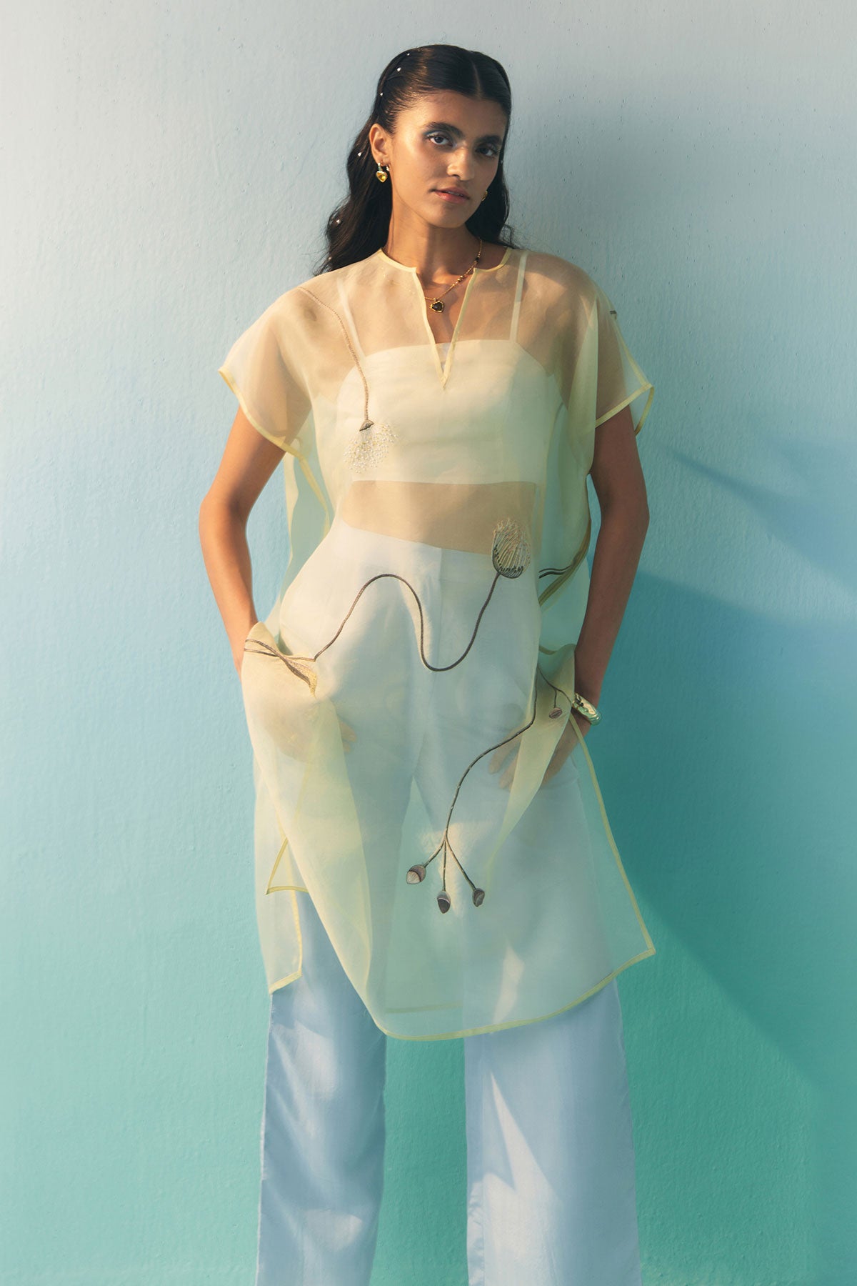 Silk Boot Cut Trousers - Sky