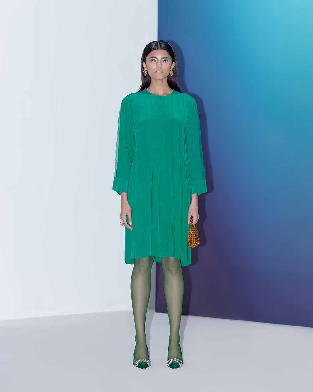 Emerald Green Box Pleat Dress