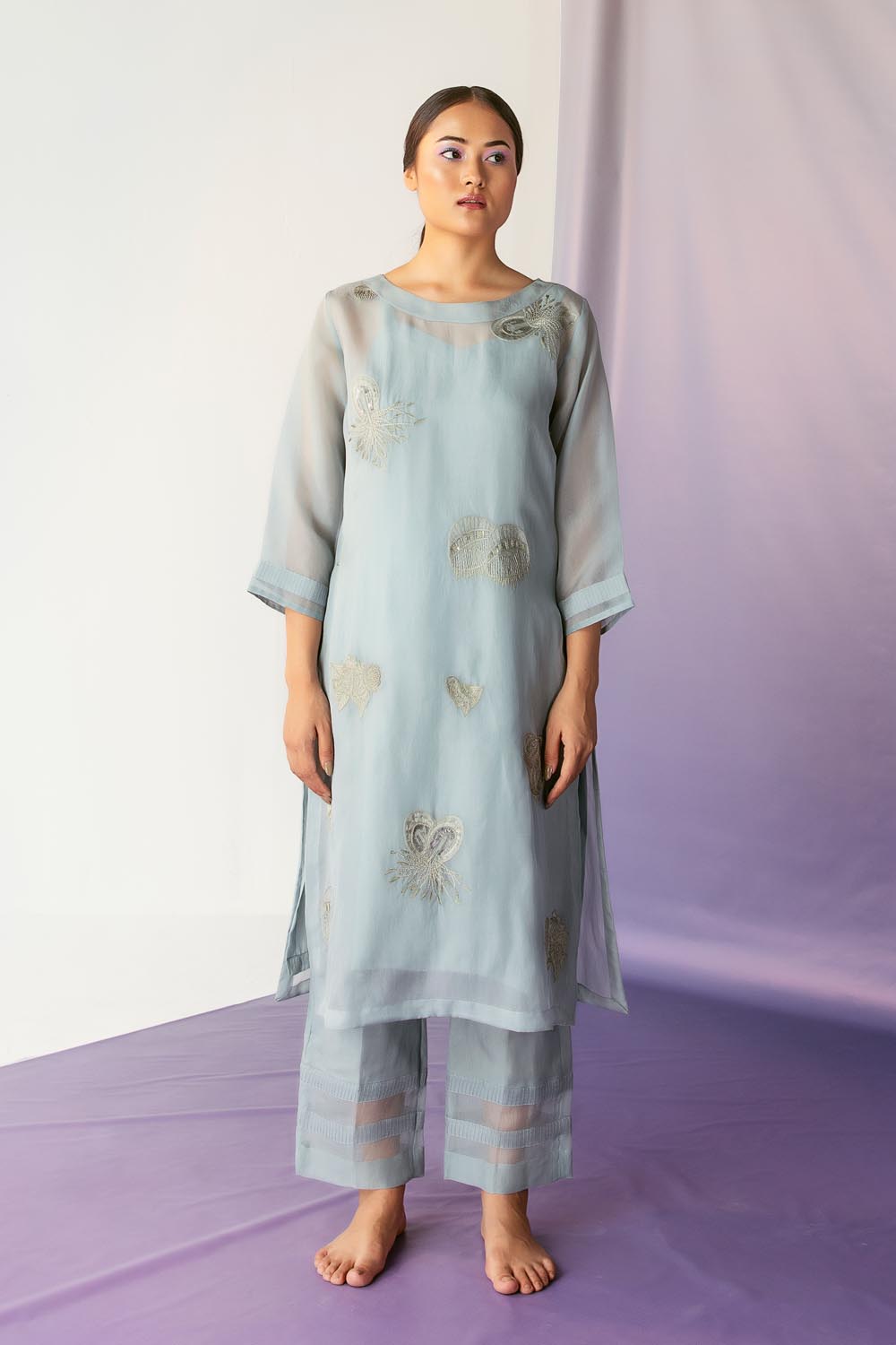 Smoke Blue Embellished Kurta Set